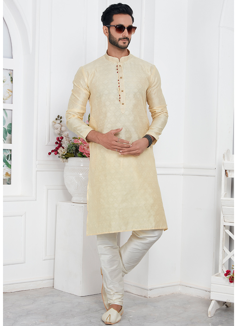 Mens Cream Silk Jacquard Brocade Kurta Pyjama Set
