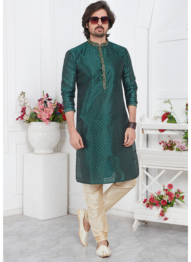 Mens Green Silk Jacquard Brocade Kurta Pyjama Set Festive Wear