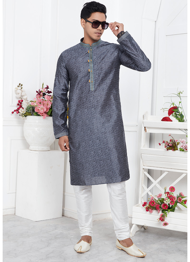 Mens Grey Silk Jacquard Brocade Kurta Pyjama Set Festive Wear