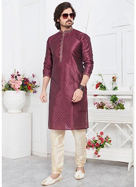 Mens Magenta Silk Jacquard Brocade Kurta Pyjama Set