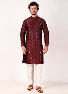 Mens Maroon Silk Embroidered Mirror Embossed Kurta Pyjama