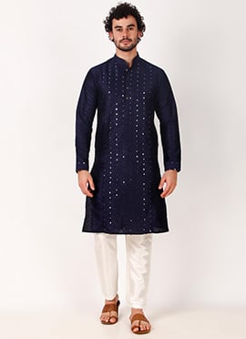 Mens Navy Blue Silk Embroidered Mirror Embossed Kurta Pyjama