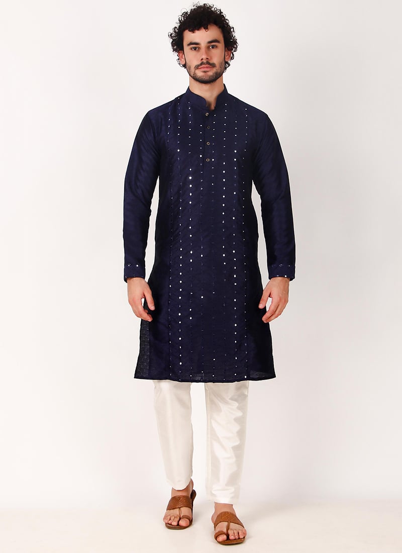 Mens Navy Blue Silk Embroidered Mirror Embossed Kurta Pyjama Party Wear