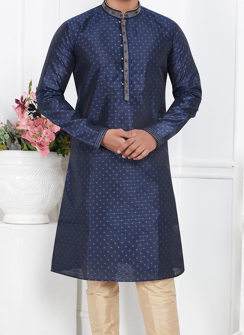 Men's Elegant Navy Embroidered Kurta Set with Pyjamas – Festive Wear