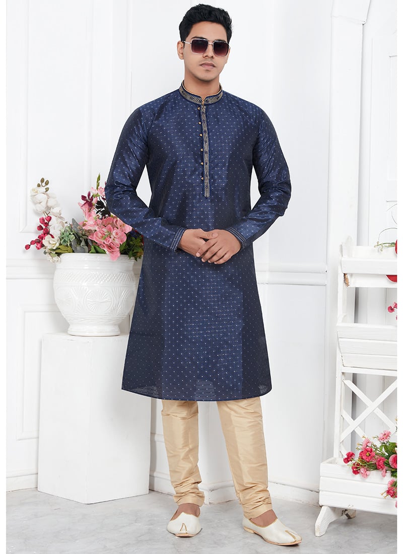 Mens Navy Blue Silk Jacquard Brocade Kurta Pyjama Set Festive Wear