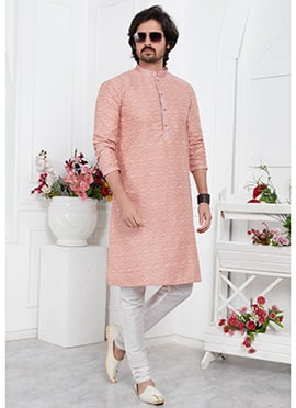 Mens Peach Silk Jacquard Brocade Kurta Pyjama Set