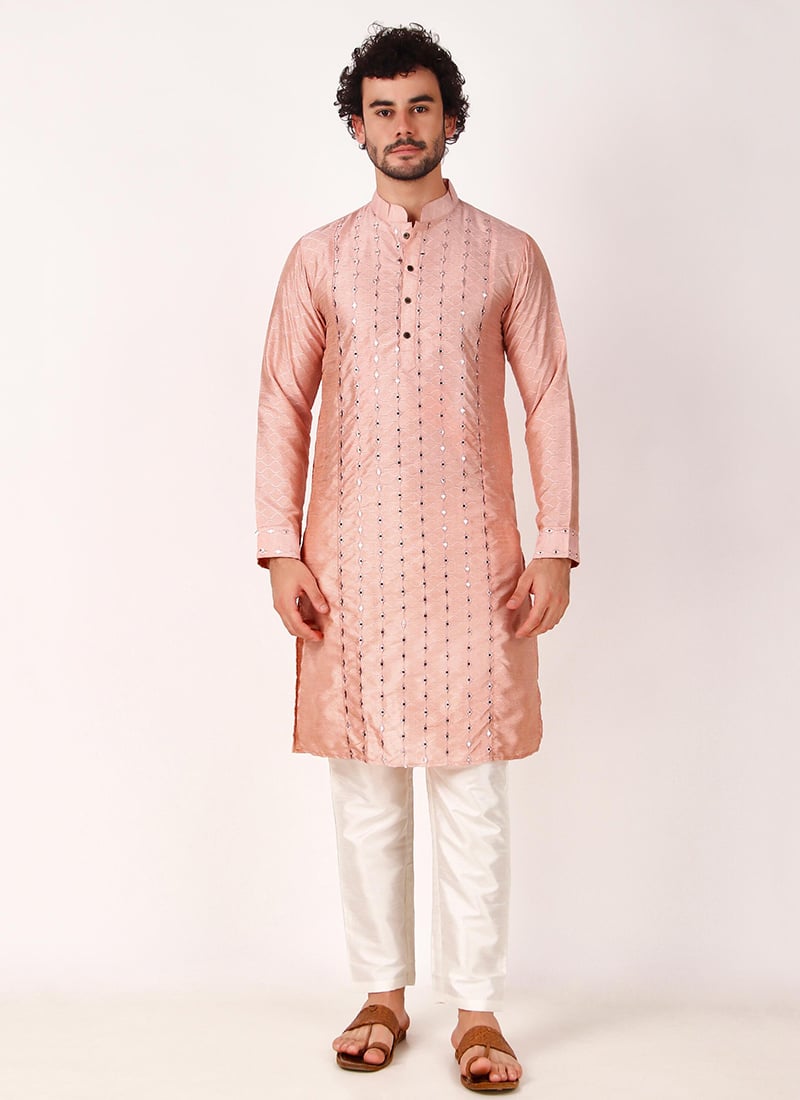 Mens Pink Silk Embroidered Mirror Embossed Kurta Pyjama Party Wear