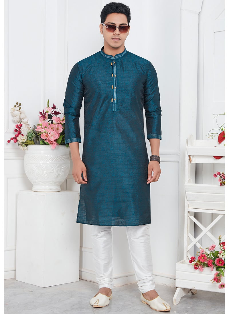Mens Teal Blue Silk Jacquard Brocade Kurta Pyjama Set Festive Wear