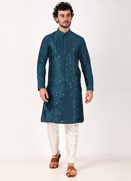 Mens Teal Silk Embroidered Mirror Embossed Kurta Pyjama
