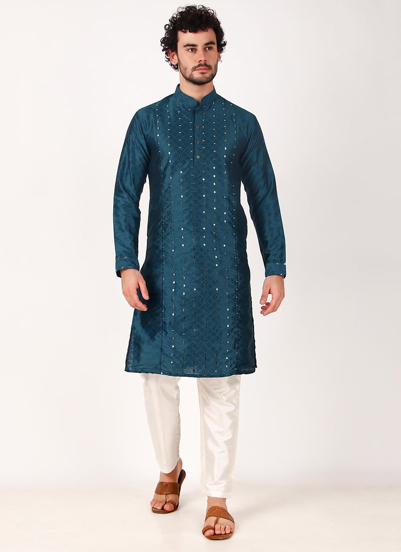 Mens Teal Silk Embroidered Mirror Embossed Kurta Pyjama Party Wear