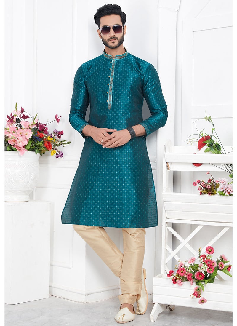 Mens Teal Silk Jacquard Brocade Kurta Pyjama Set Festive Wear