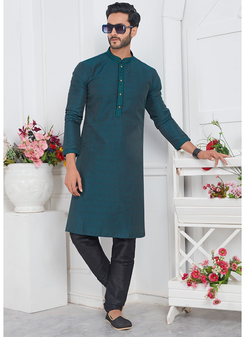 Mens Teal Silk Jacquard Brocade Kurta Pyjama Set Festive Wear