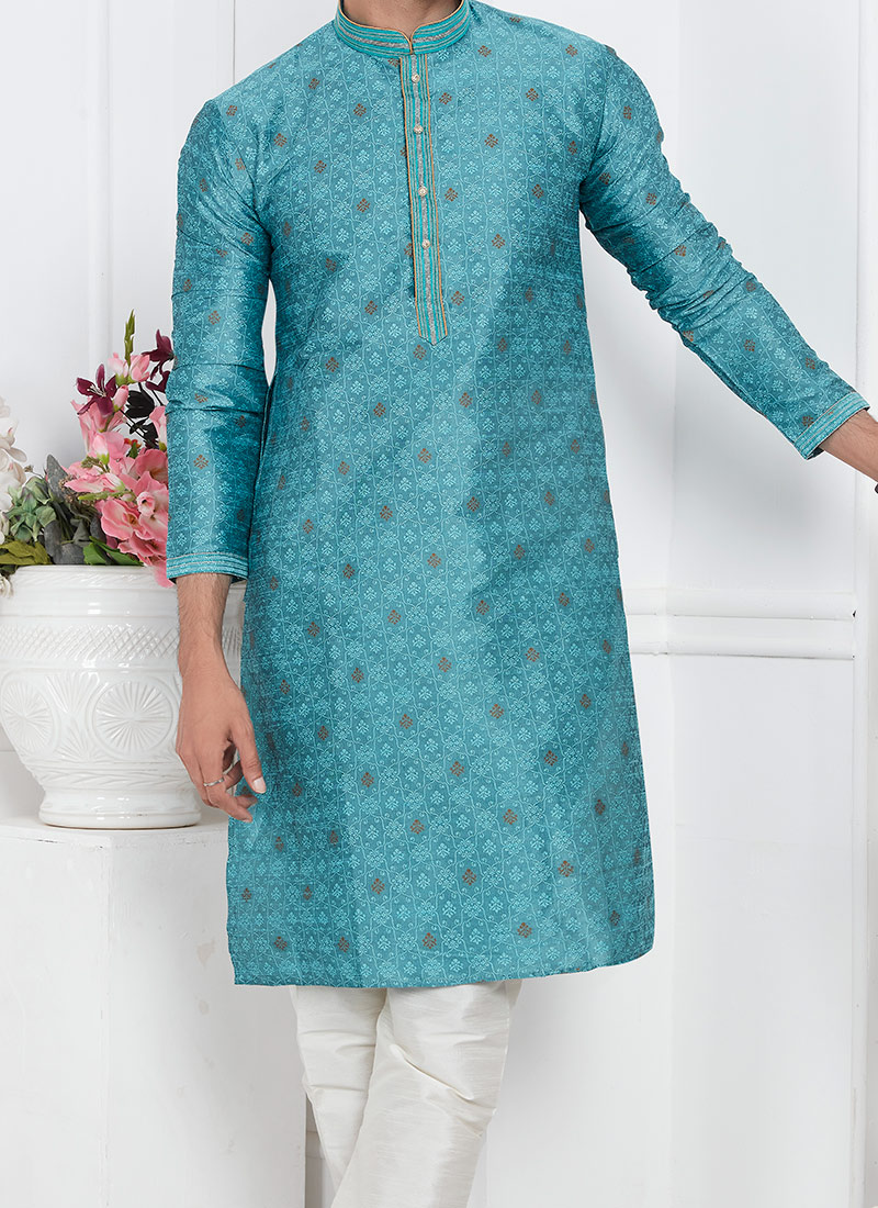 Teal Blue Black Kurta Jacquard Silk Brocade Chudidaar main image 0