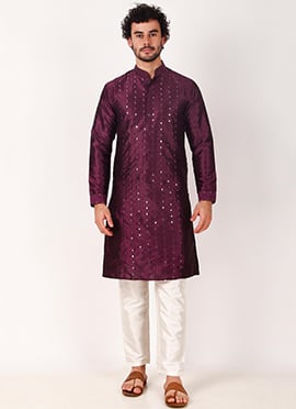 Mens Wine Silk Embroidered Mirror Embossed Kurta Pyjama