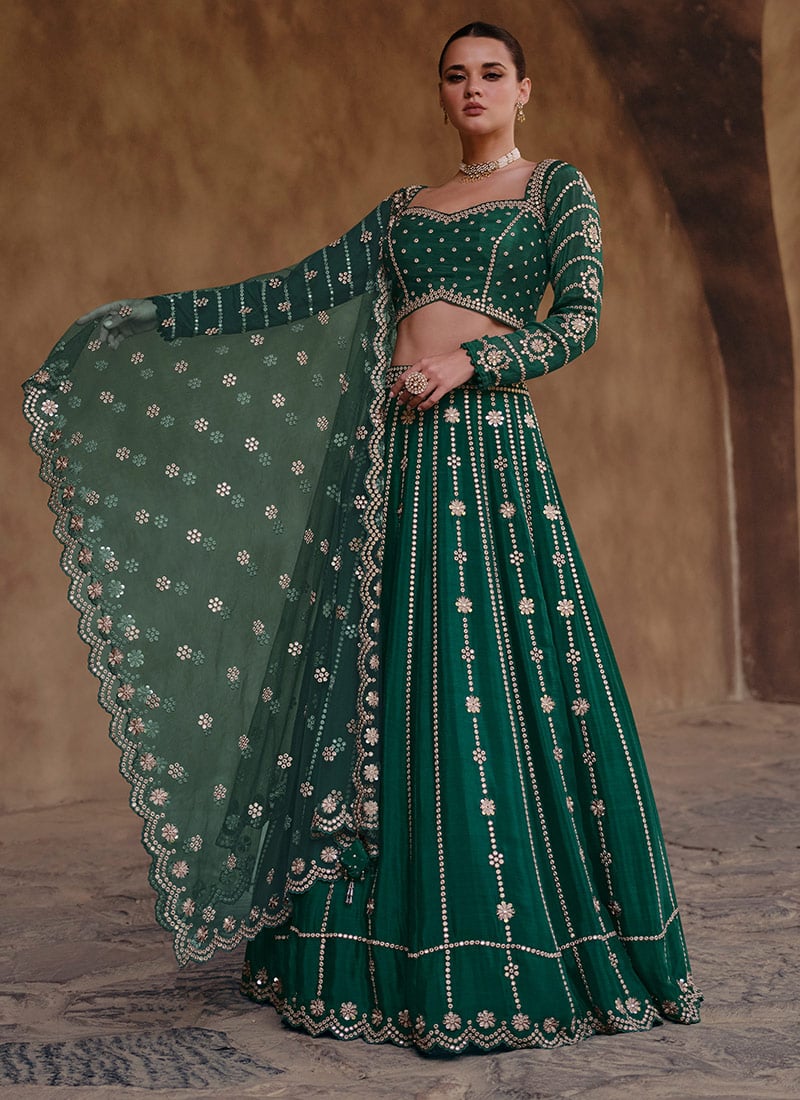 Mesmerising Green Embroidered Sequins Umbrella Lehenga Party Wear