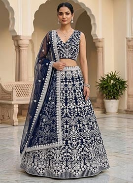 Mesmerizing Blue Net Heavy Thread Embroidery Work Umbrella Lehenga