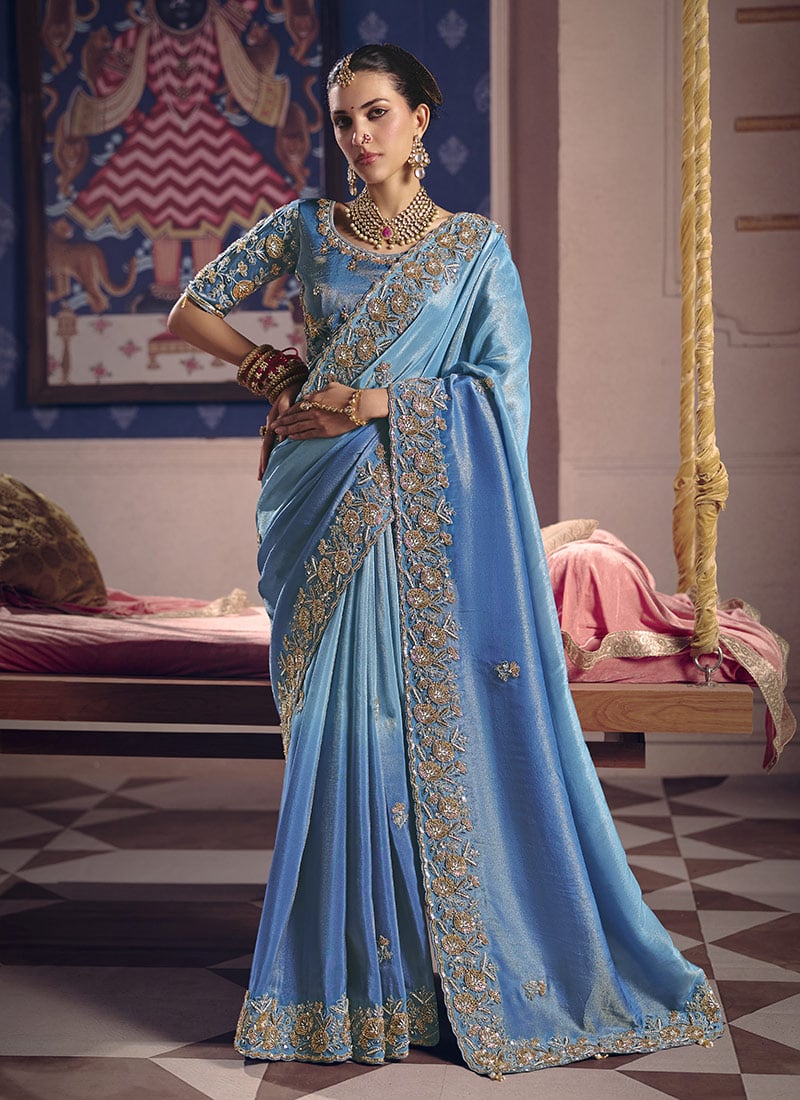 Mesmerizing Blue Shaded Viscose Tissue Beads Embroidered Sequins Saree Wedding Wear