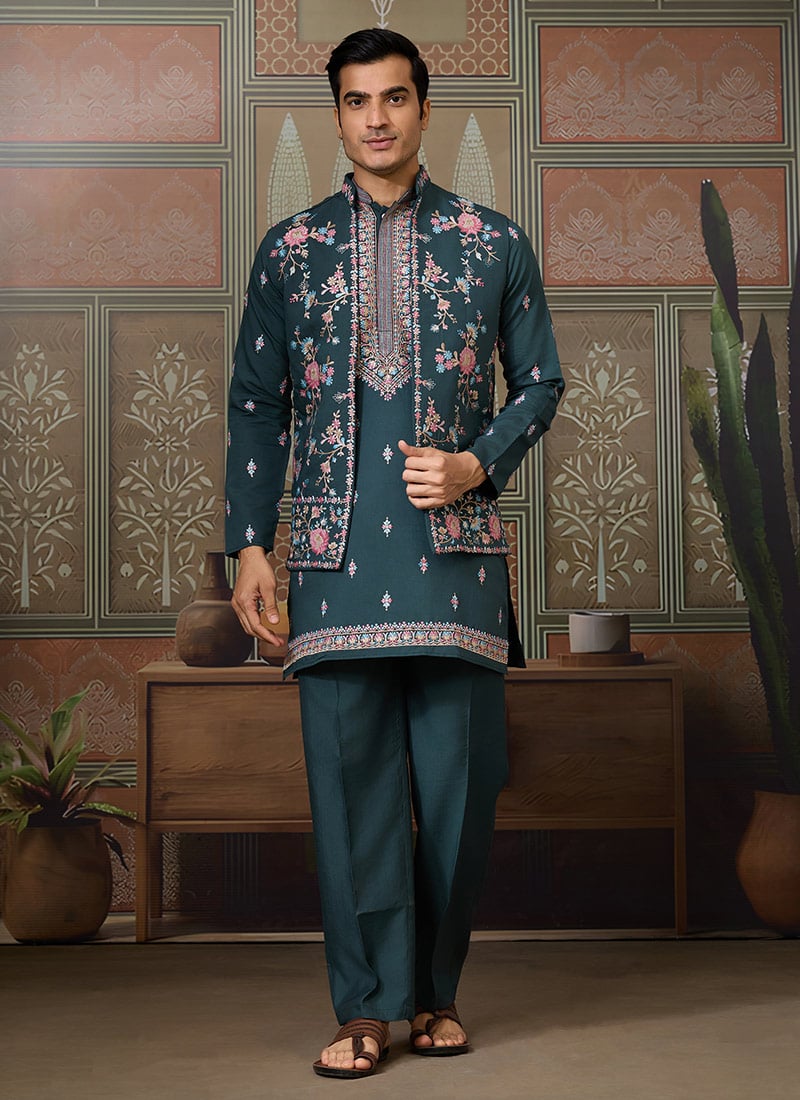 Mesmerizing Green Viscose Silk Embroidered Sequins Thread Bandi Set Wedding Wear