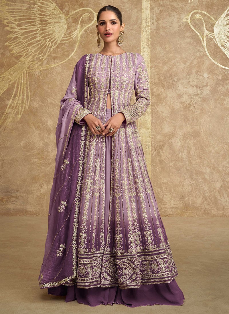 Mesmerizing Lilac Zari Embroidered Sequins Anarkali Lehenga