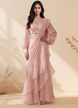 Mesmerizing Pink Organza Sequins Stones Hand Embroidered Saree