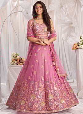 Mesmerizing Pink Organza Zarkan Embroidered Sequins Lehenga