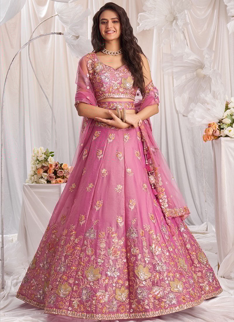 Mesmerizing Pink Organza Zarkan Embroidered Sequins Lehenga Wedding Wear