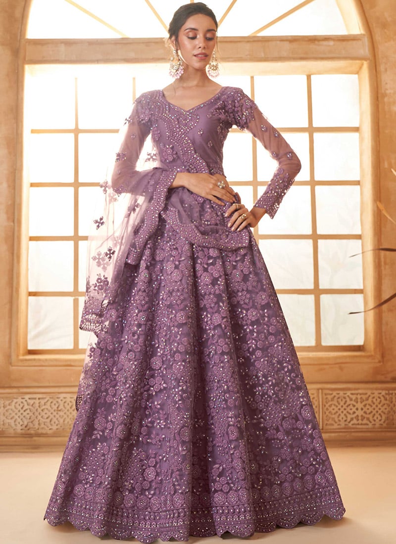 Mesmerizing Purple Net Embroidered Stone Work Lehenga Wedding Wear