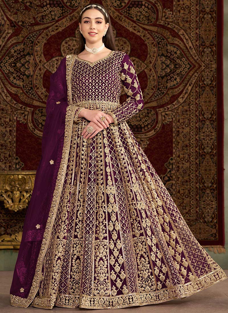 Mesmerizing Purple Net Gota Embroidered Sequins A Line Anarkali For Celebrations Wedding Wear