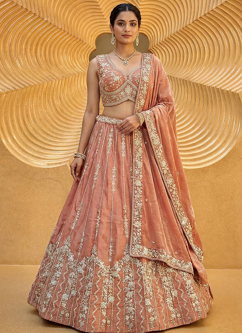 Mesmerizing Rust Chiffon Embroidered Umbrella Lehenga Wedding Wear