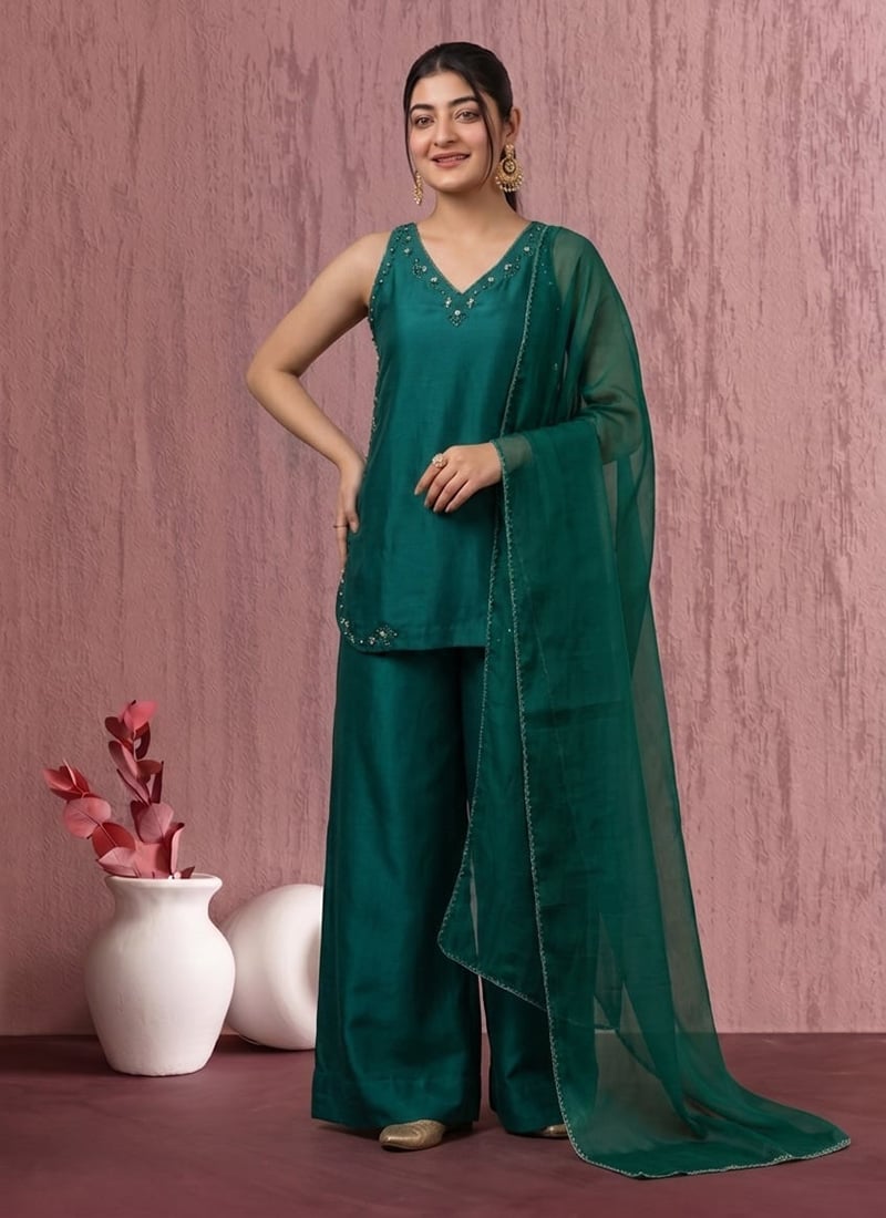 Mesmerizing Teal Art Silk Resham Beads Hand Embroidered Palazzo Suit After Six Wear