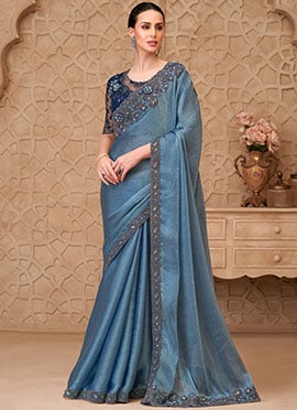 Metal Blue Satin Embroidered Sequins Saree