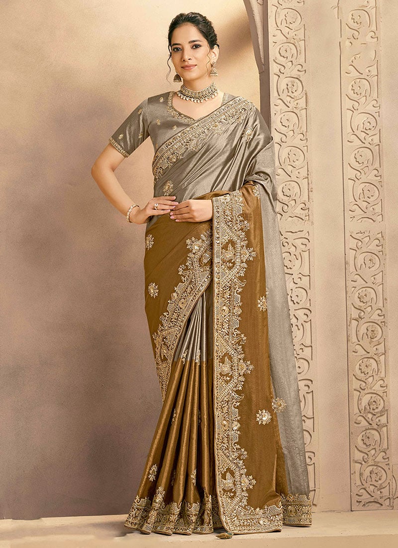 Metalic Gold Silver Kora Zari Silk Zardosi Sequins Hand Embroidered Saree