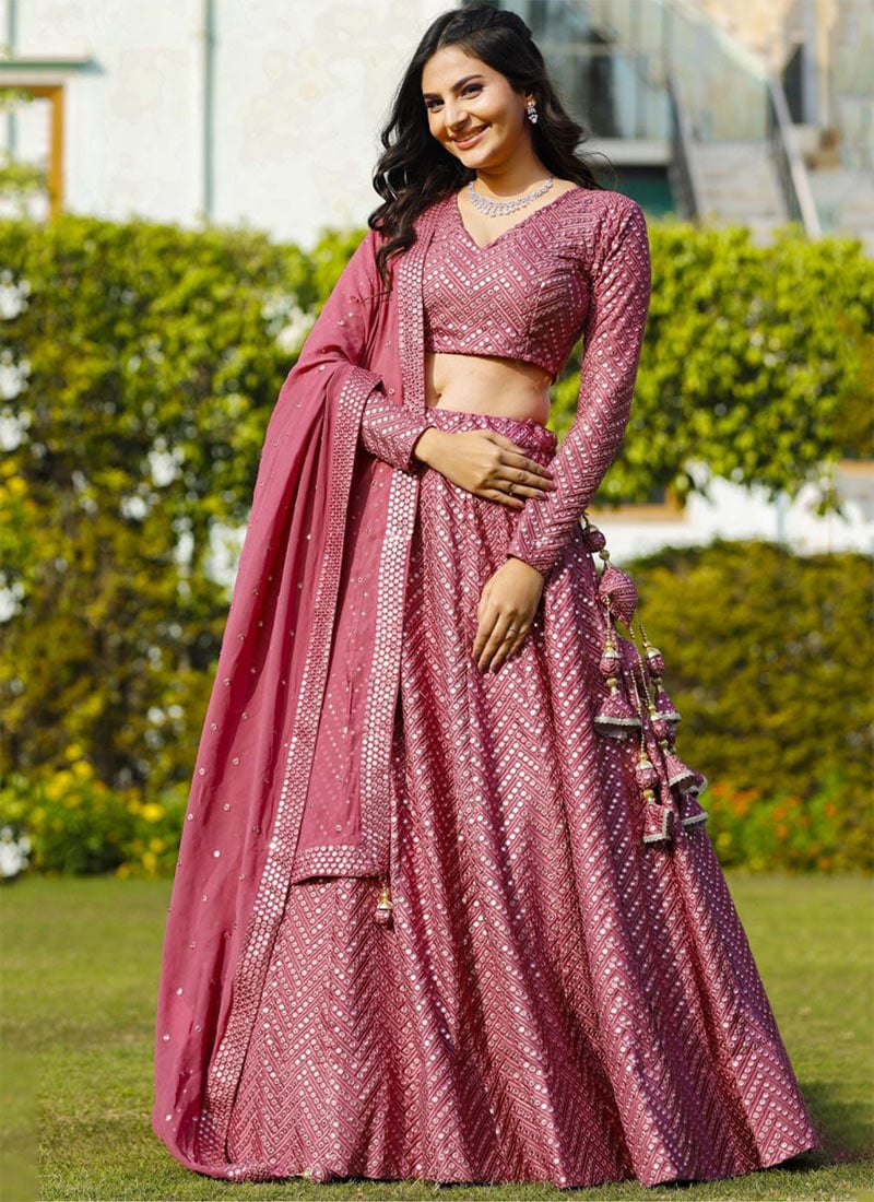 Metalic Pink Faux Georgette Embroidered Sequins Gleaming Lehenga