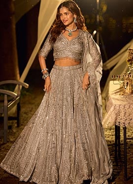 Metallic Silver Net Hand Embroidered Beads Mirror Work Umbrella Lehenga