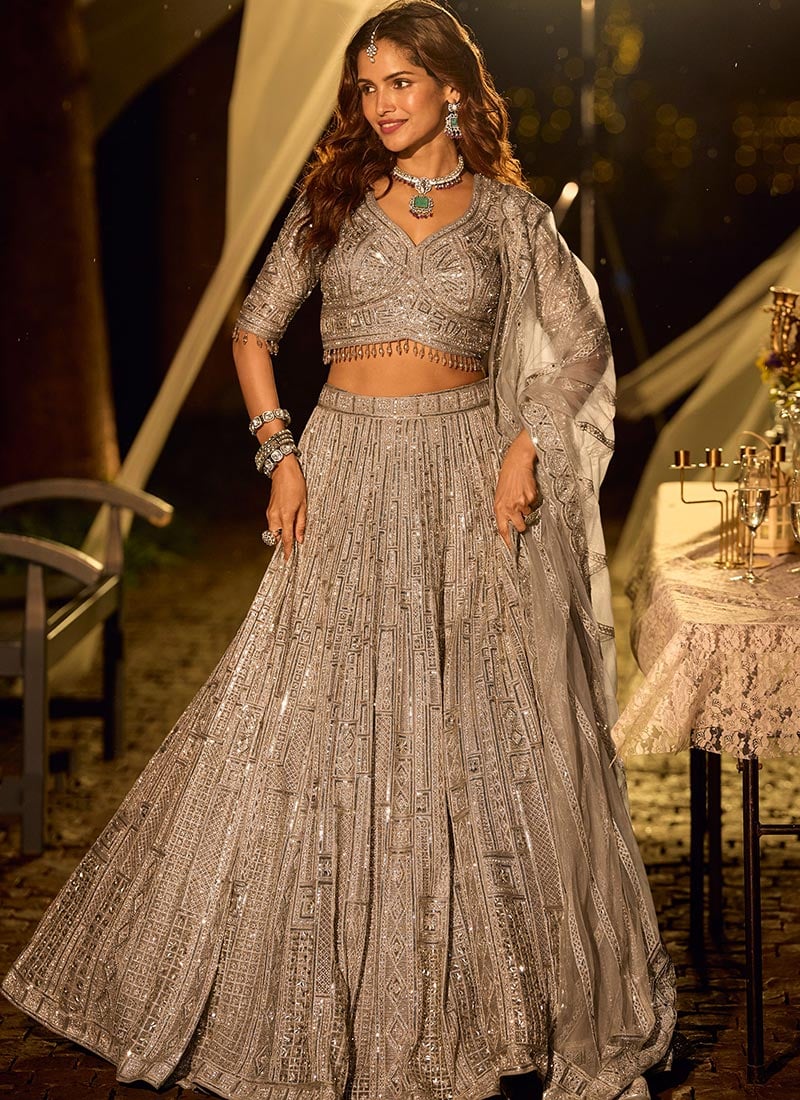 Metallic Silver Net Hand Embroidered Beads Mirror Work Umbrella Lehenga Wedding Wear