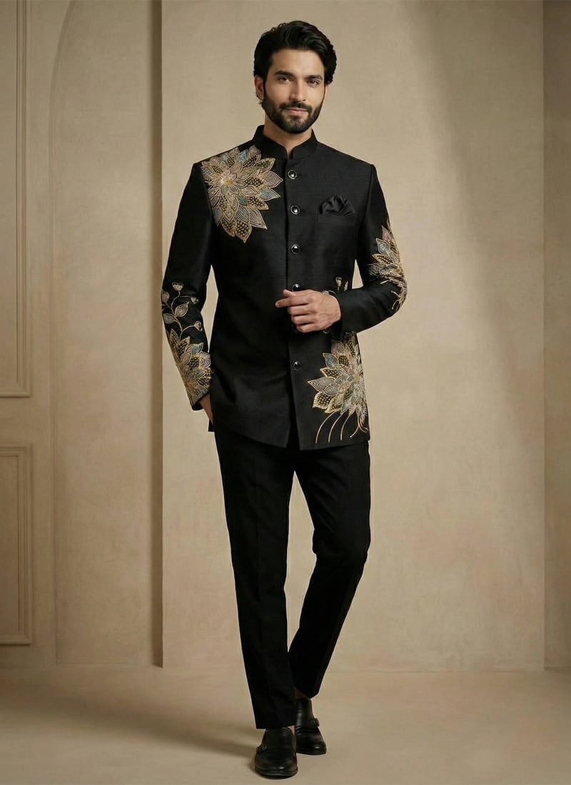 Midnight Black Fandy Satin Silk Embroidered Bandhgala Suits Wedding Wear