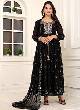 Midnight Black Georgette Embroidered Sequins Anarkali Suit