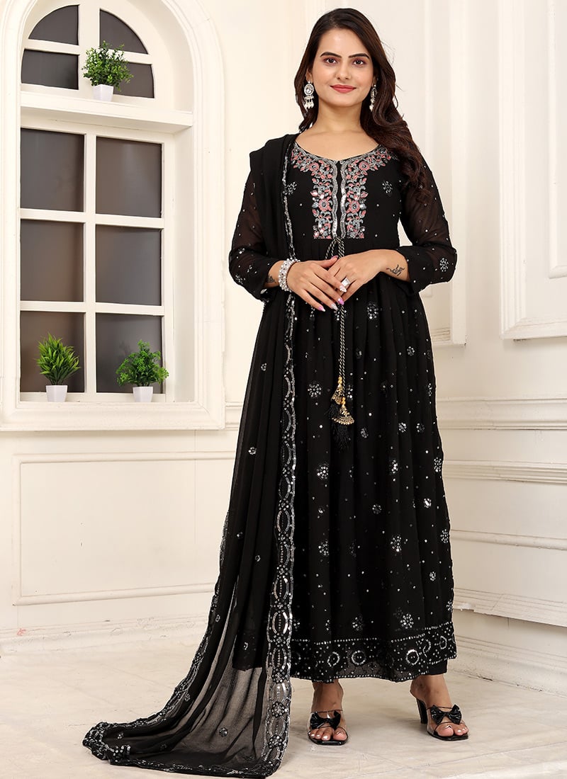 Midnight Black Georgette Embroidered Sequins Anarkali Suit Festive Wear