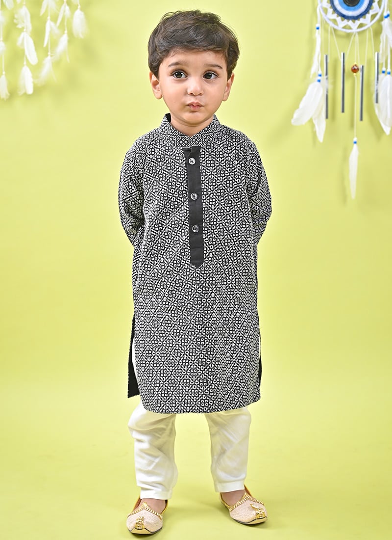 Midnight Black Printed Cotton Boys Kurta Pyjama