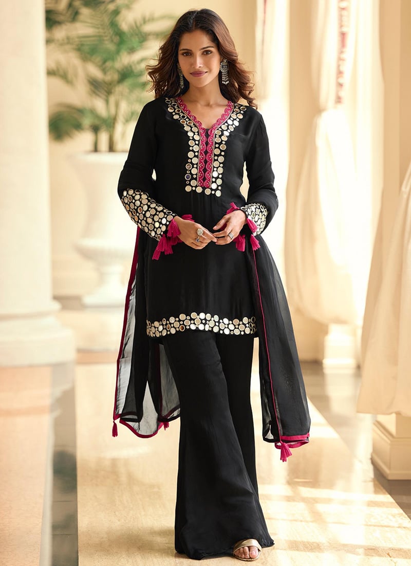 Midnight Black Shimmer Silk Embroidered Mirror Work Palazzo Suit Festive Wear