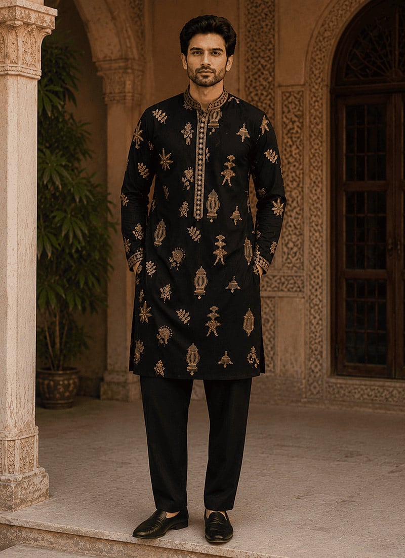 Midnight Black Viscose Rayon Embroidered Kurta For Men