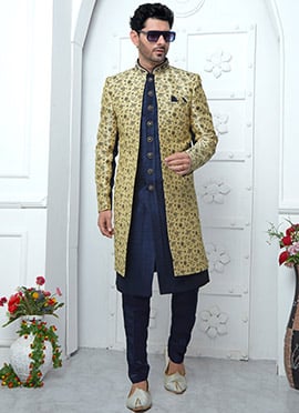 Midnight Blue Embroidered Jacquard Silk Indowestern Sherwani