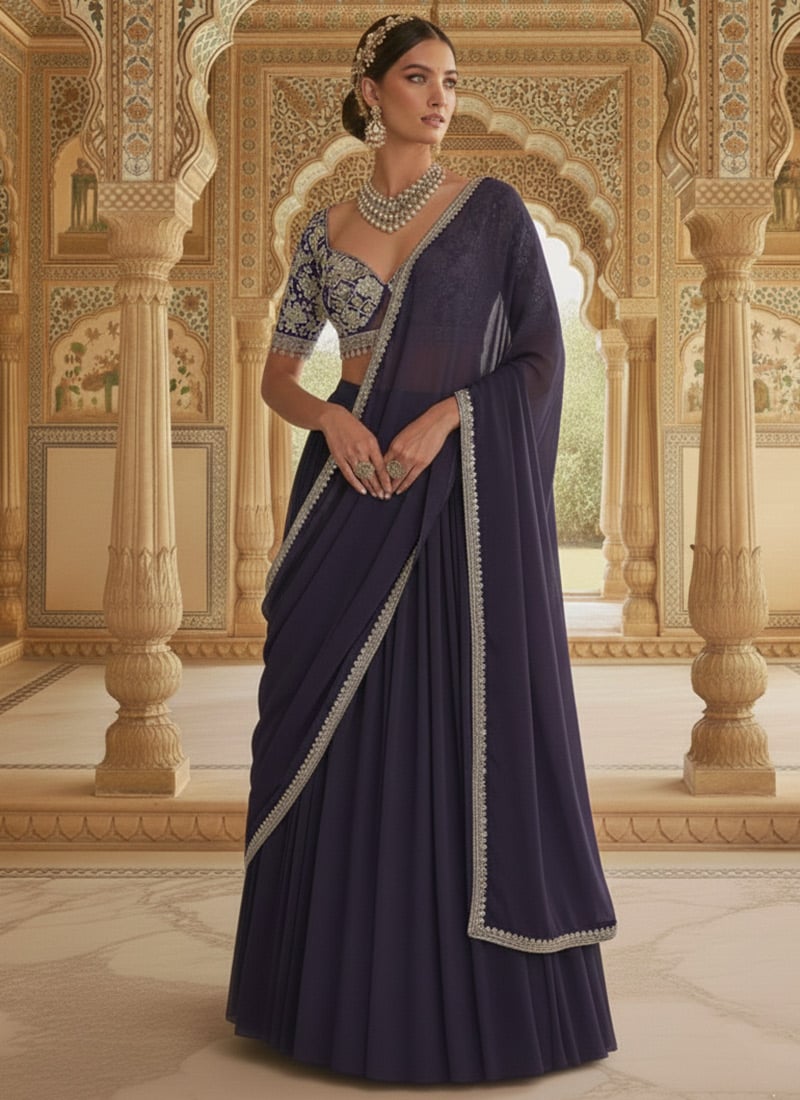 Midnight Blue Georgette Zari Hand Embroidered Sequins Lehenga  Wedding Wear