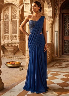 Midnight Blue Pre Draped Saree With Hand Embroidered Embellished Blouse