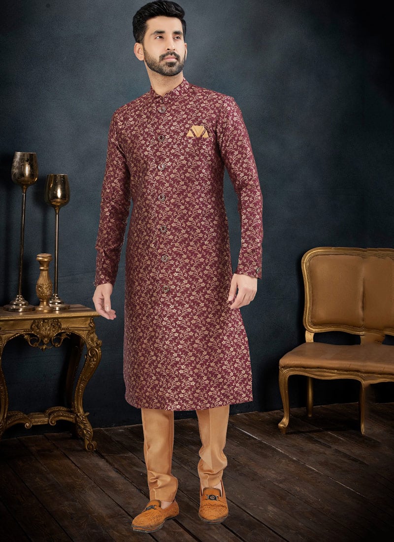 Midnight Jacquard Banarasi Silk Classic Sherwani Party Wear