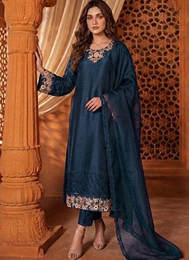 Midnight Navy Blue Silk Zari Sequins Straight Pant Suit