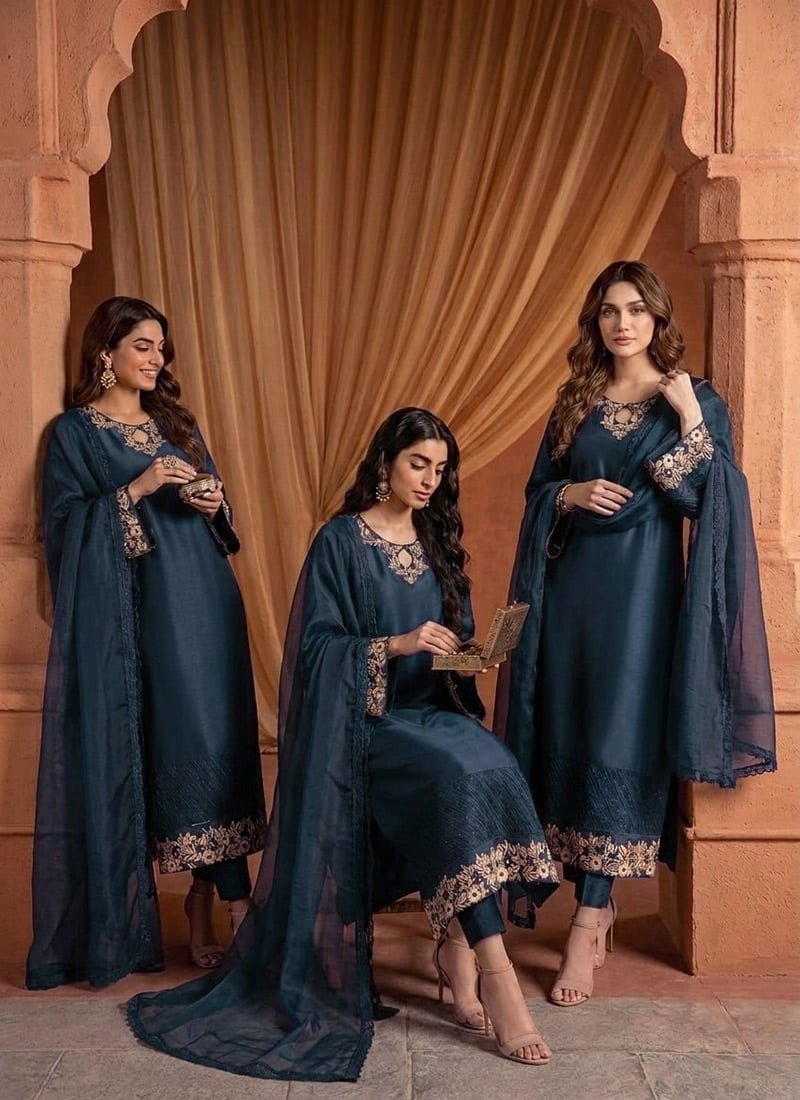 Midnight Navy Blue Silk Zari Sequins Straight Pant Suit Festive Wear