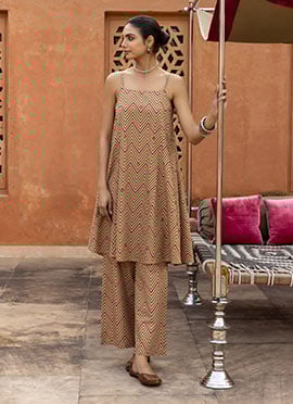 Minimal Beige Cotton Printed Kurta Palazzo Set