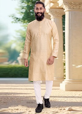 Minimal Beige Jacquard Silk Kurta Pyjama