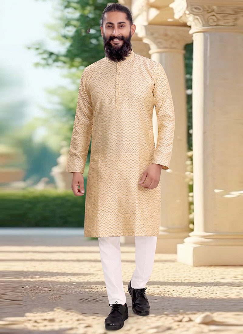 Minimal Beige Jacquard Silk Kurta Pyjama Festive Wear